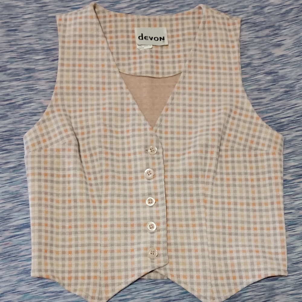 1970s Devon Double Knit Grey Orange Plaid Vest Sz Small Vintage EUC READ